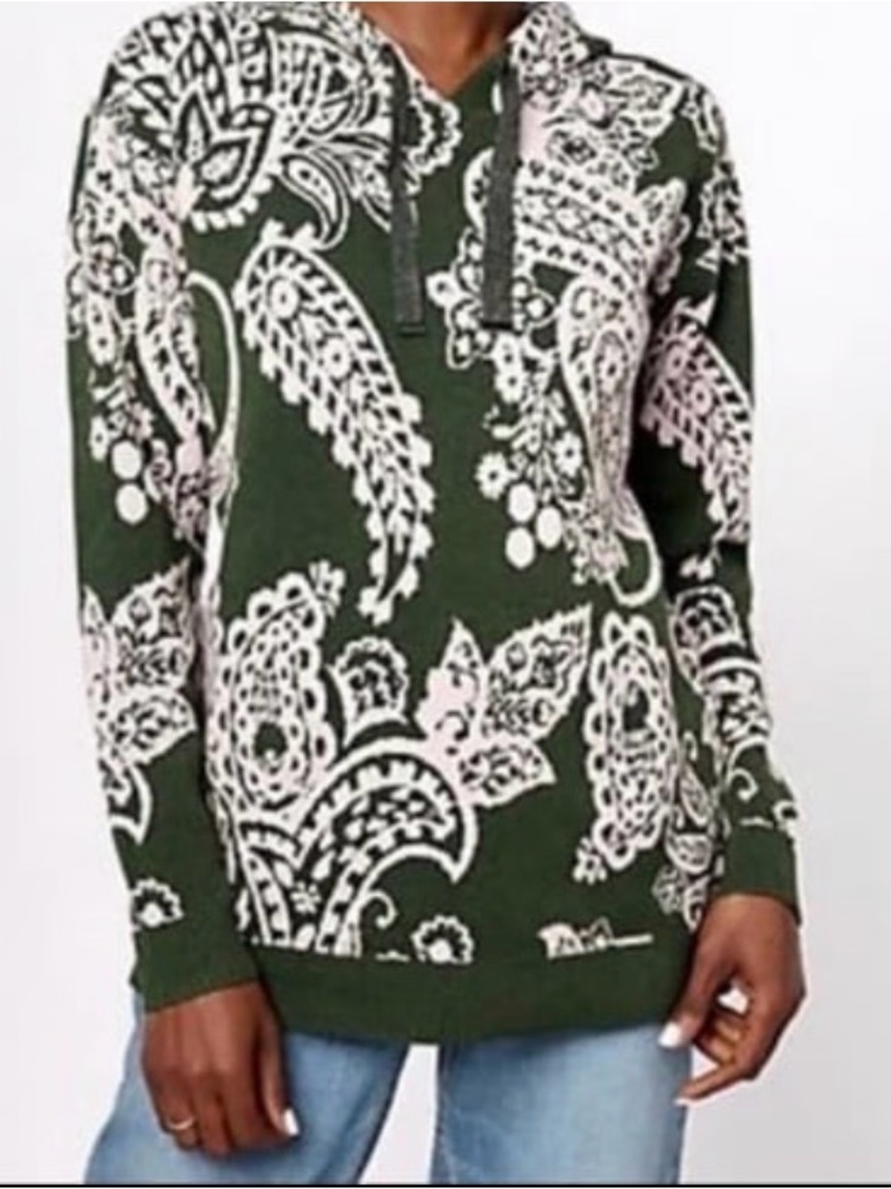 Women’s Paisley Hoodie Sweater - Olive Green & Cream
